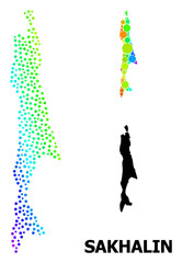 Dot spectral, and solid map of Sakhalin Island, and black name. Vector model is created from map of Sakhalin Island with circles. Collage is useful for political templates.