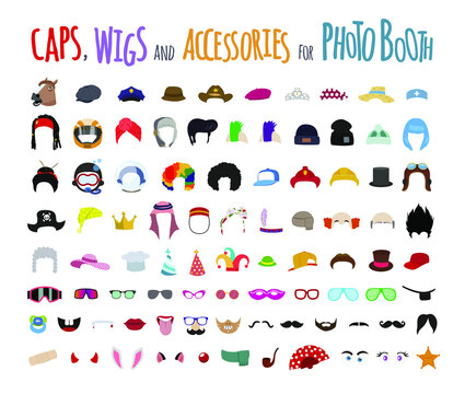Pelucas, sombreros, gorras, gafas, barbas, bigotes, y otros divertidos accesorios. Juego de simpáticas pegatinas para decorar tus fotos.