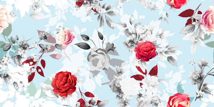Wide vintage seamless background pattern. Peony, wild flowers with leaf on light blue. Abstract, hand drawn, vector - stock.