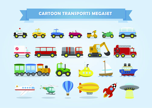 Megapack de vehiculos. Coches, camiones, motocicletas y otros transportes. Ilustración vectorial con estilo infantil.