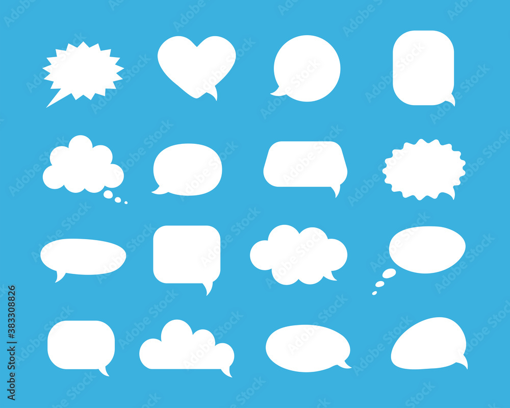 Poster empty speech bubbles of different shape. white thought clouds. vector collection