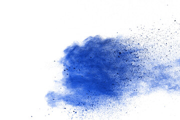 Blue powder particle splash isolated on white  background.