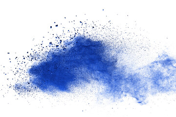 Blue powder particle splash isolated on white  background.