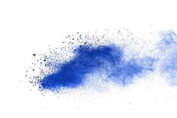 Blue powder particle splash isolated on white  background.