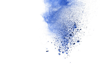 Blue powder particle splash isolated on white  background.