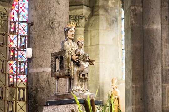 Orcival, France. Statue of the Virgin Mary in the Basilique Notre-Dame (Our Lady Basilica), a Roman catholic Romanesque church in Auvergne