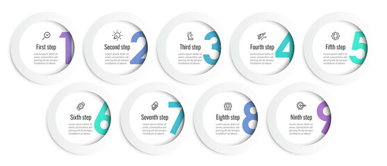 Vector Infographic design template with icons and 9 options or steps. Can be used for process diagram, presentations, workflow layout, banner, flow chart, info graph.