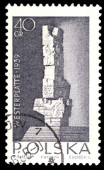 Obraz premium A Postage stamp printed in Poland shows Proposed Westerplatte Monument in memory for the Polish defenders at 1939,