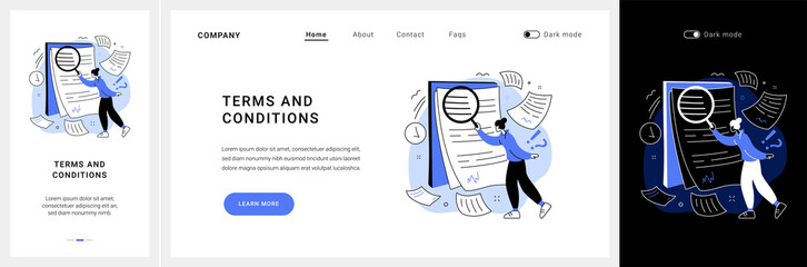 Terms and conditions website UI kit. Legal notice, user terms and conditions, website menu bar, web element, information page, registration process, accept landing and mobile app vector UI template.