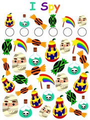 Halloween I spy game for kids stock vector illustration. Funny counting educational game. Math activity printable halloween worksheet with pumpkins, potions, candies, magic wands and mummies