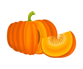 Round Pumpkin with Cut Section Showing Seeds and Pulp Vector Illustration