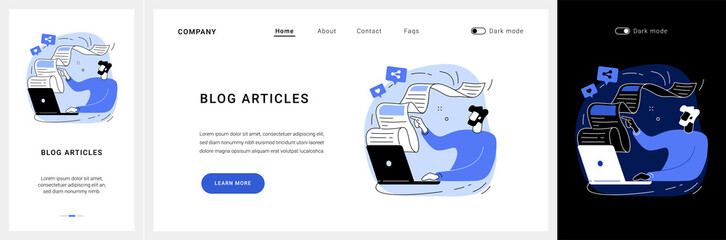 Blog articles website UI kit. Blog menu element, subscribe for publications, news article, company website page, web element, UI design, blogging resource landing and mobile app vector UI template.