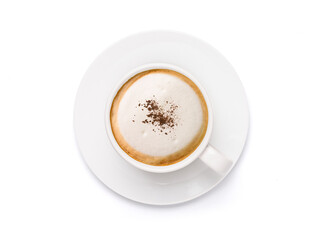 Top view White cup of Cappuccino Latte coffee topped with cocoa powder,  isolated on white...