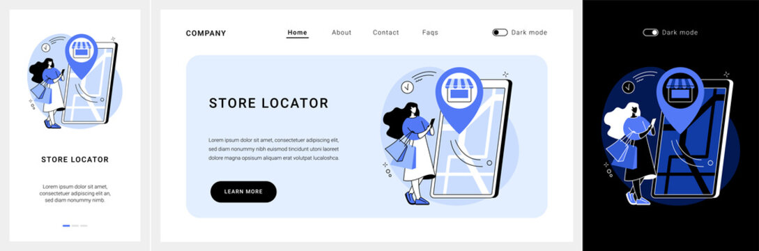 Store locator website UI kit. GPS navigation, online map, store locations, corporate website menu bar, office locator, UI, web element, where to find us landing and mobile app vector UI template.
