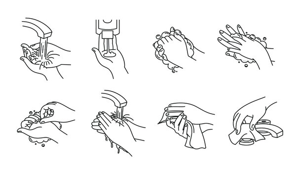 Ilustración vectorial de cómo lavarse las manos correctamente. Solo linea