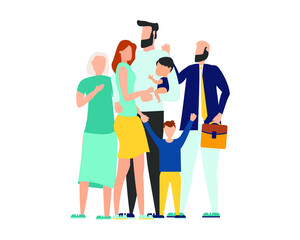 vector illustration of a happy family, mother father daughter son holding hands and hugging, complete prosperous family vector