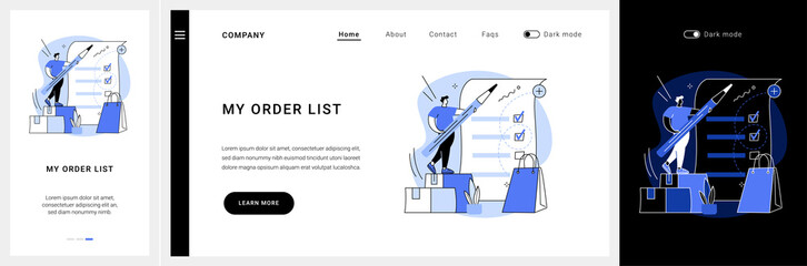 My orders list website UI kit. Shopping list ID, customer name, add items to cart, ecommerce website menu, online store, curbside pickup, shopping cart landing and mobile app vector UI template.