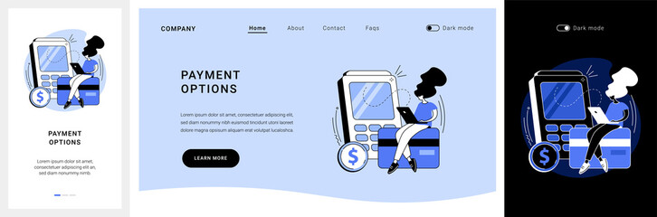 Payment options website UI kit. Ecommerce website, shopping cart, credit card payment, bank transfer, digital wallet, order processing, online banking landing and mobile app vector UI template.