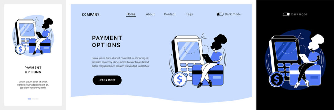 Payment options website UI kit. Ecommerce website, shopping cart, credit card payment, bank transfer, digital wallet, order processing, online banking landing and mobile app vector UI template.
