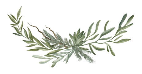 Watercolor composition with green winter leaves, branches, berries, eucalyptus. Christmas bouquet isolated on white background. Aesthetic illustration for wedding, business card, promotions