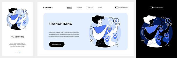 Franchising website UI kit. Business strategy, intellectual property, branded product, initial fee, trademark ambassador, buy franchise, market share landing and mobile app vector UI template.