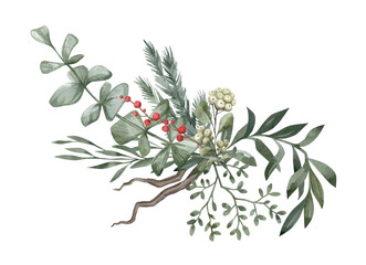 Watercolor composition with green winter leaves, branches, berries, eucalyptus. Christmas bouquet isolated on white background. Aesthetic illustration for wedding, business card, promotions