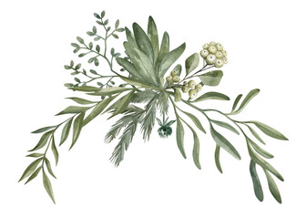 Watercolor composition with green winter leaves, branches, berries, eucalyptus. Christmas bouquet isolated on white background. Aesthetic illustration for wedding, business card, promotions