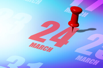 march 24th. Day 24 of month, Red date written and pinned on a calendar to remind you an important event or possibility. spring month, day of the year concept