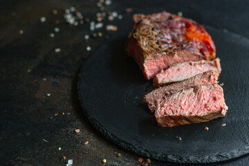 beef steak ribeye bbq grilled veal meat fried rare or medium tasty top view copy space for text food background rustic
