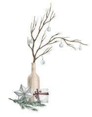Watercolor illustration with winter interior scene. White bottle with tree branch with Christmas decorations, toys, glass stars, present, spruse branch 