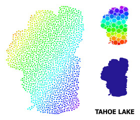 Dot rainbow gradient, and solid map of Tahoe Lake, and black text. Vector structure is created from map of Tahoe Lake with circles. Illustration is useful for political purposes.