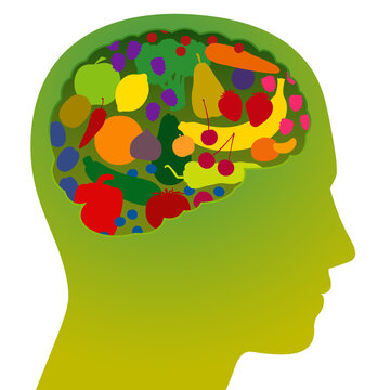 Brain With Colorful Fruits And Vegetables, As A Symbol For Healthy, Nutritious, Vitamin Rich Food For Health Conscious Vegans And Vegetarians. Vector Illustration On White Background.
