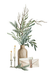 Watercolor winter interior scene with vase, letter, candles, pine, branches, eucalyptus. Christmas decoration, xmas bouquet, holiday season