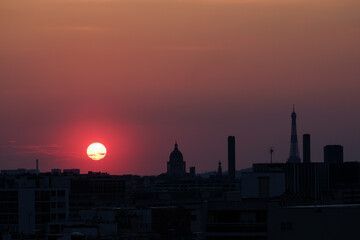 Coucher de soleil rouge, Paris, tour Eiffel, Pantheon