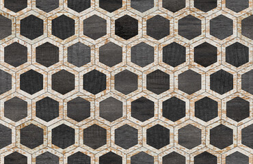 Natural wood texture for background. Black and white  wooden floor with hexagonal pattern. 