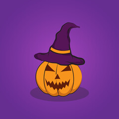 pumpkin cute character halloween with hat ornament object, purple color background