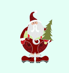 Santa in red overalls with a Christmas tree