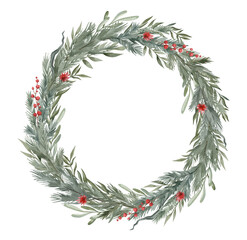 Watercolor Christmas wreath with pine, fir, branches, leaves and berries. Winter frame with botany © Kate K.