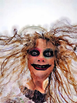 Halloween watercolor painting of a scary woman's face with creepy smile, dark makeup and crazy wild hair. Copy space.
