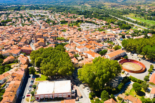 Aerial view of commune Millas in Pyrenees-Orientales, southern France