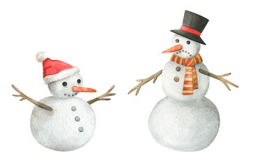 Watercolor snowman illustration. Winter cute hand drawn character. Christmas decoration