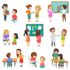 Fototapeta premium Education vector, isolated set of schoolchildren with teachers. Chemistry and geometry lessons, projects made in pairs, students reading books, back to school concept. Flat cartoon