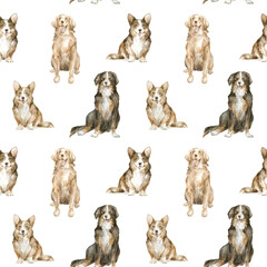 Watercolor seamless pattern with cute dogs, corgi, retriever, bernese mountain dog. Cute background with home pet. Nursery design for children textile, print, cover, wallpaper
