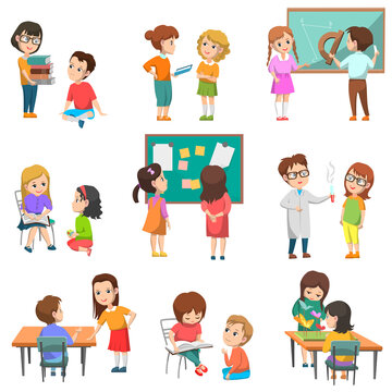 Education vector, isolated set of schoolchildren with teachers. Chemistry and geometry lessons, projects made in pairs, students reading books, back to school concept. Flat cartoon