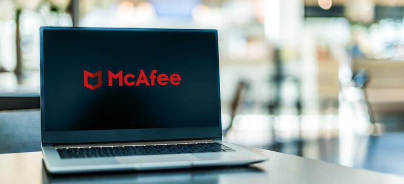 Laptop computer displaying logo of McAfee