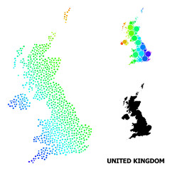 Obraz premium Dot bright spectral, and monochrome map of United Kingdom, and black tag. Vector model is created from map of United Kingdom with circles. Collage is useful for political templates.