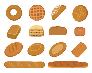 Set of bakery products. Bread, rolls and loaves. Isolated on white background. Vector illustration.
