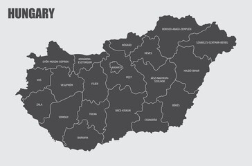 The Hungary map divided in counties with labels
