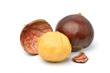 Close-up Chestnuts with peeled isolated on white background.