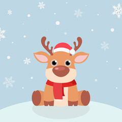 Vector Christmas card. Happy new year greeting card, Snow with Reindeer in santa hats, winter headwear. Hello Winter, Happy New Year and Merry Christmas concept.